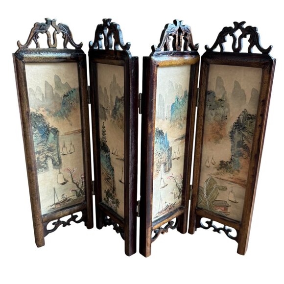 Asian Miniature Folding Screen Table Top Divider Screen Dollhouse Decor 4 Panel - Picture 1 of 16